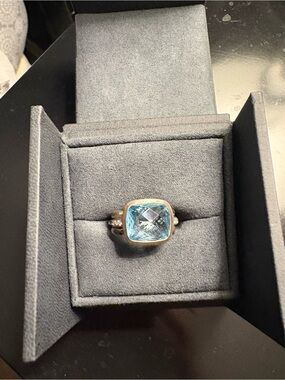 David Yurman Blue Topaz Albion-Style Ring in Silver and Gold Accents